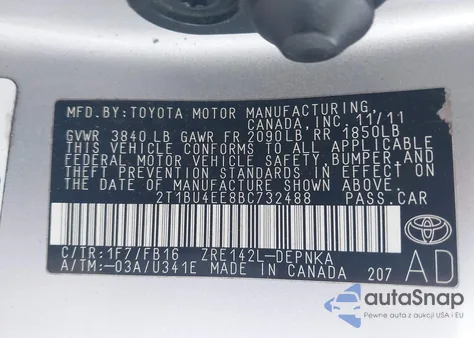 2011 Toyota Corolla Le from USA, damaged, VIN 2T1BU4EE8BC732488